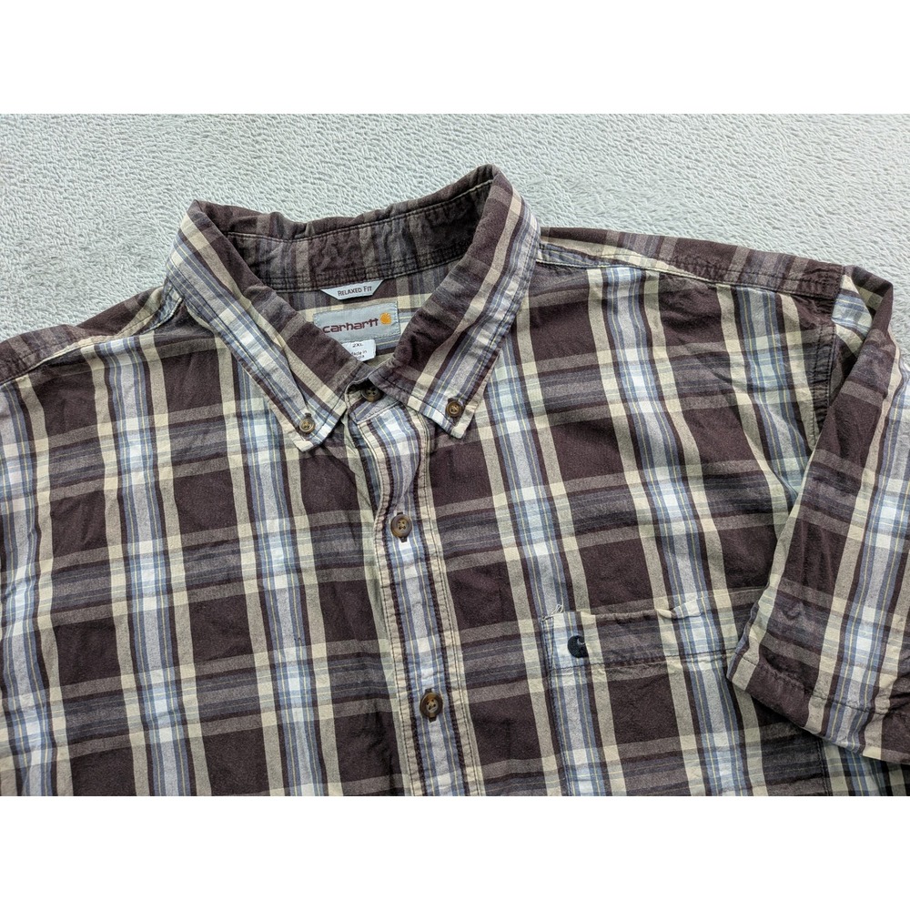 Carhartt Mens 2XL Relaxed Fit Plaid Short Sleeve Button Down Shirt Brown 101155
